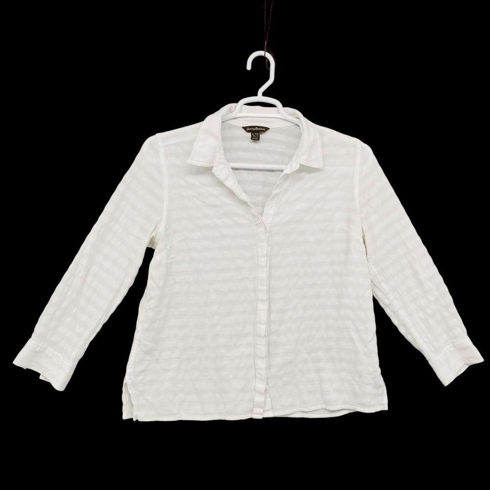 Tommy Bahama White Textured Stripe Long Sleeve Button Up‎ Shirt Top Women XL